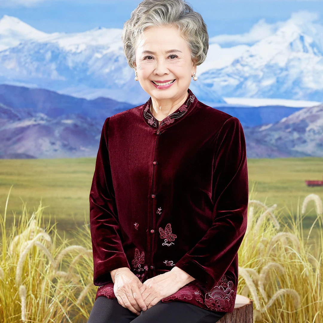 老年人秋装女金丝绒唐装长袖上衣婆婆妈妈春秋宽松衬衣阔太太衣服