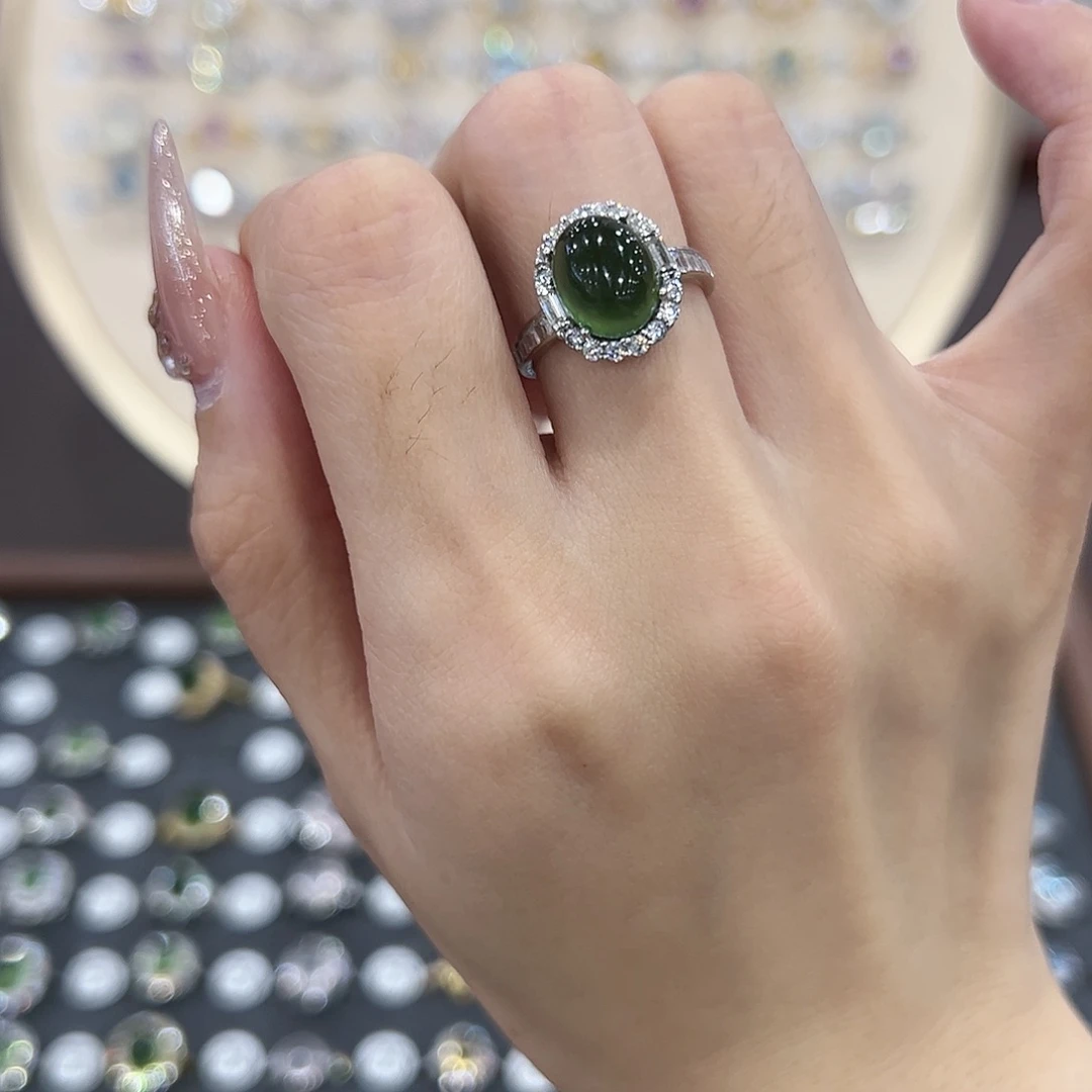 蛇纹石玉戒指银S925镶嵌「*