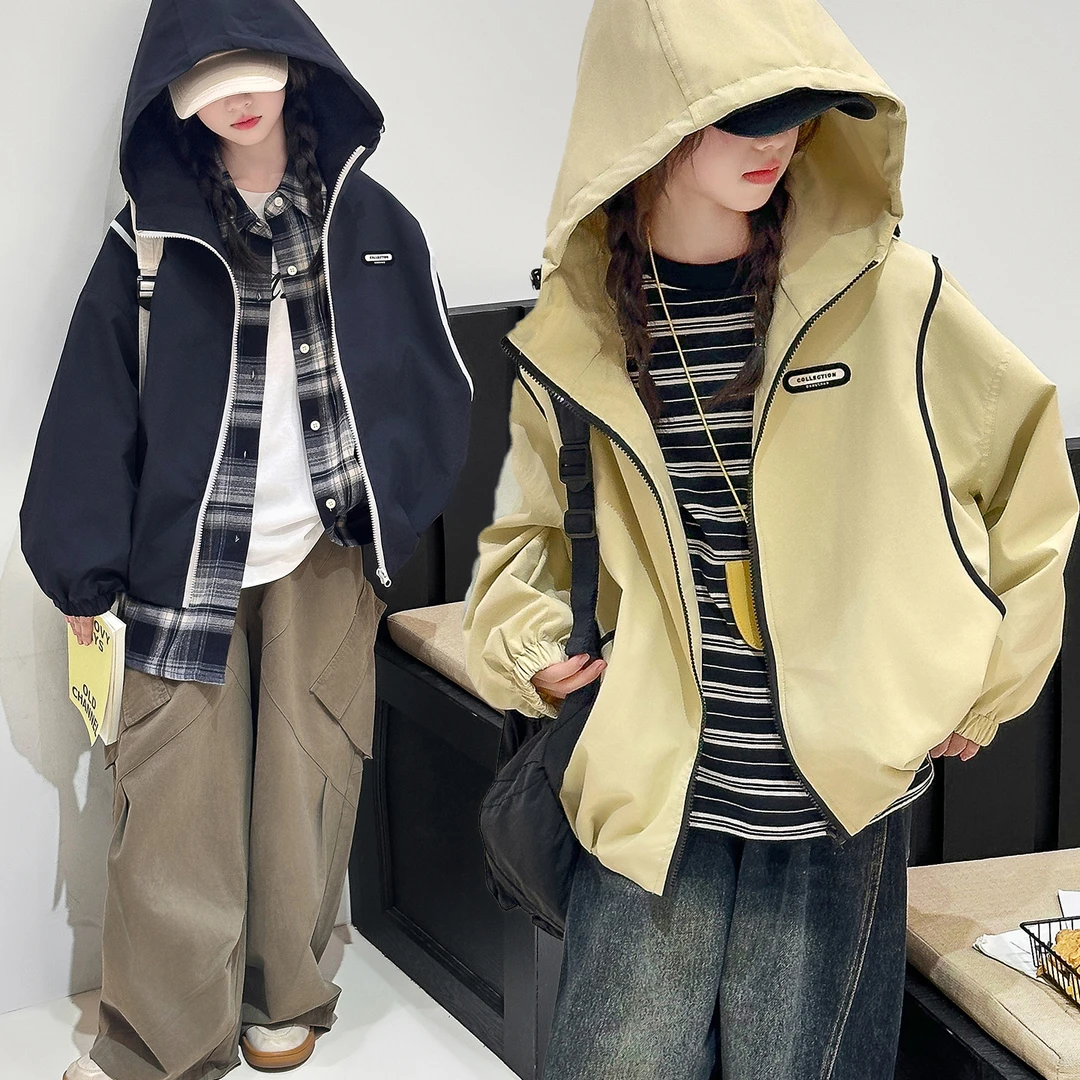 儿童外套时尚休闲连帽抽绳撞色冲锋衣3-15岁运动拼色宽松百搭潮范