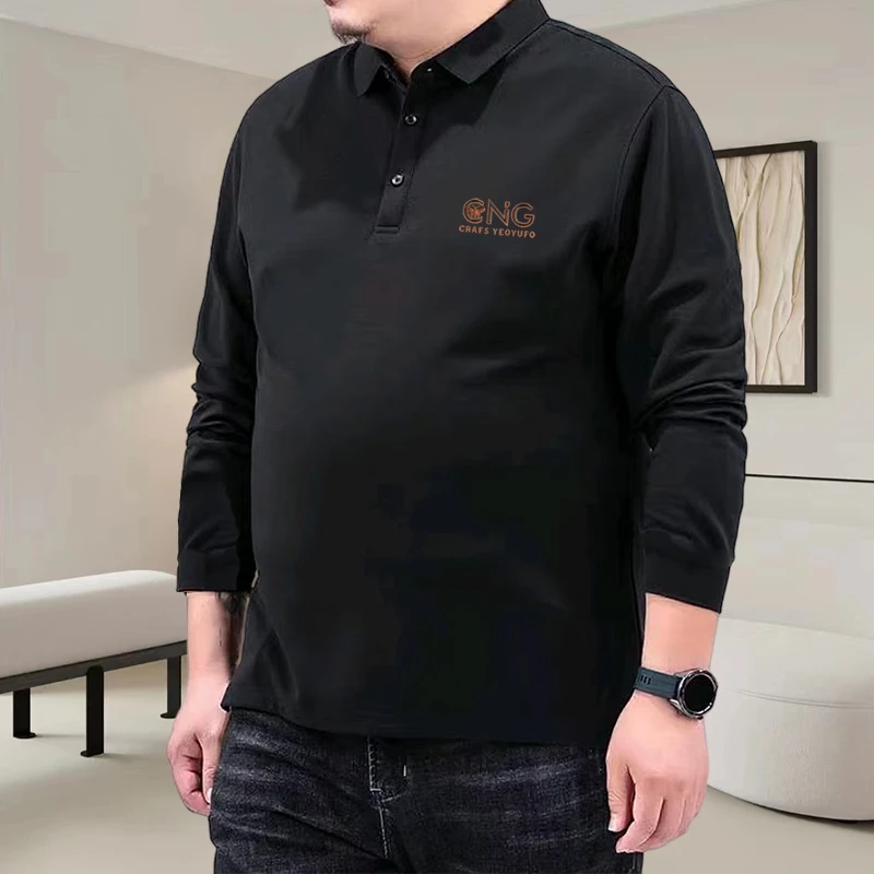 胖子特大码男装Polo衫纯色春秋季翻领上衣长袖打底衫中老年爸爸装