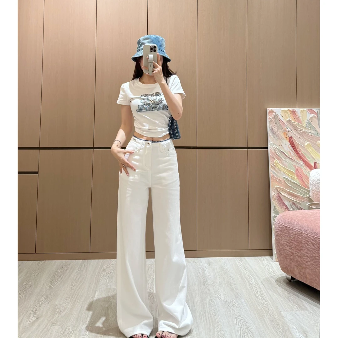 【SEVENWANG】M*字母刺绣牛仔高级感直筒阔腿长裤显瘦百搭9659