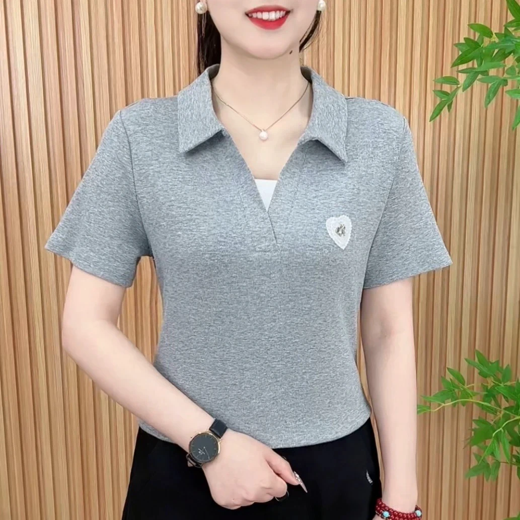 新款polo翻领短袖刺绣时尚夏季新款洋气减龄短款上衣T恤假两件