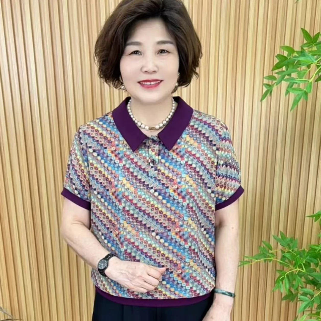 薄款常规娃娃领翻领中老年女装小衫夏装欧美风新款新中式V6618