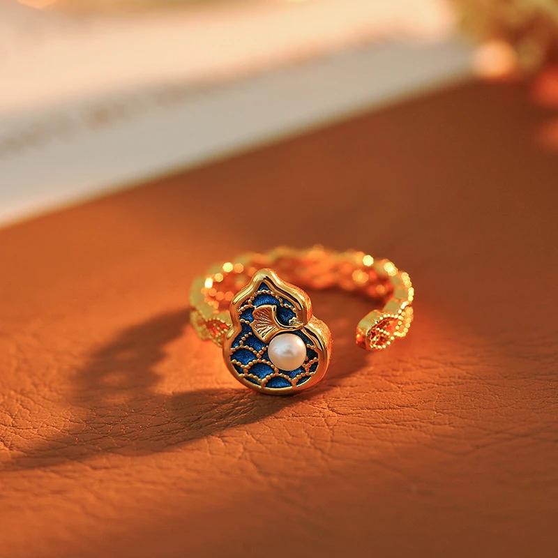 铜合金仿珍珠戒指 复古小众高级感镂空葫芦戒指古法金色开口戒指