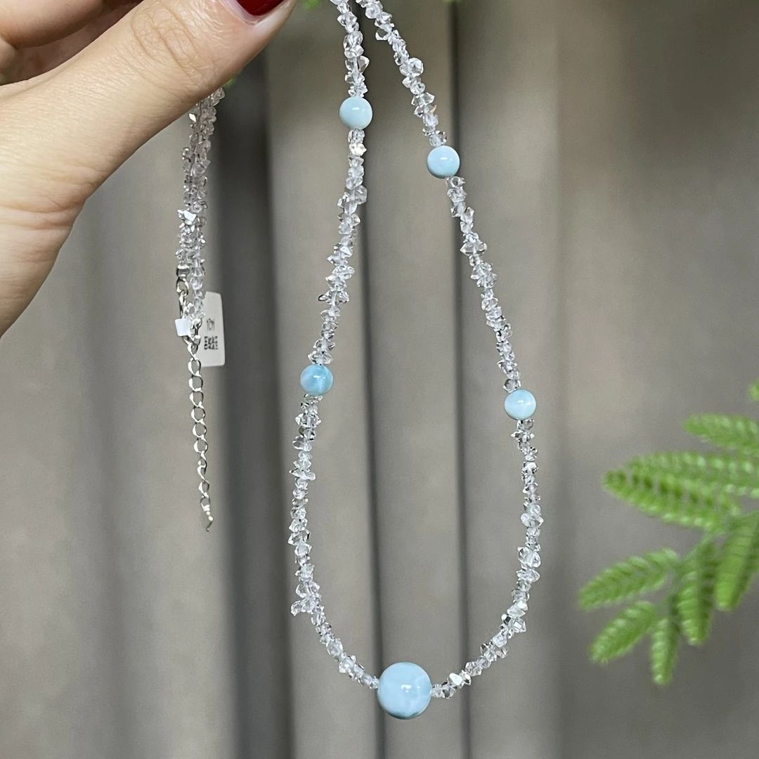 •天然海纹石拉利玛宝石白水晶闪粼钻百搭锁骨项链A424
