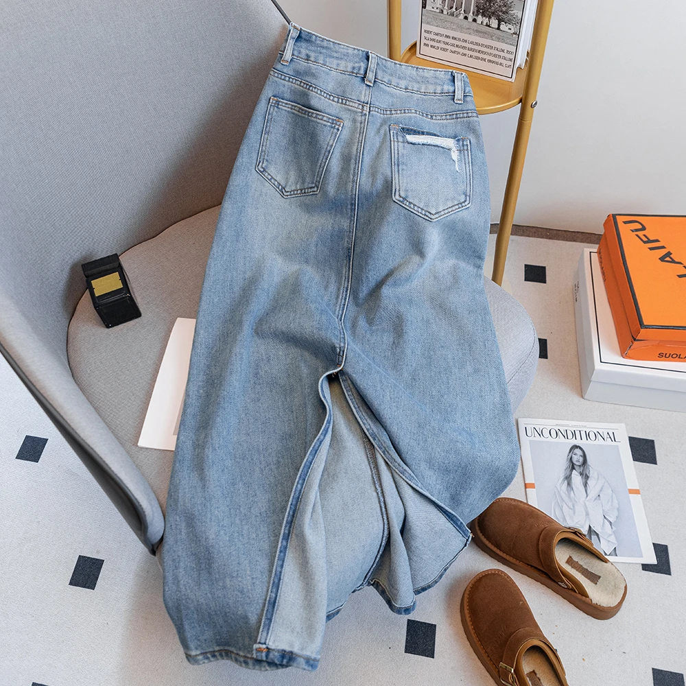 0597浅色牛仔半身裙女春夏款2025年长款高腰显瘦开叉a字包臀裙子