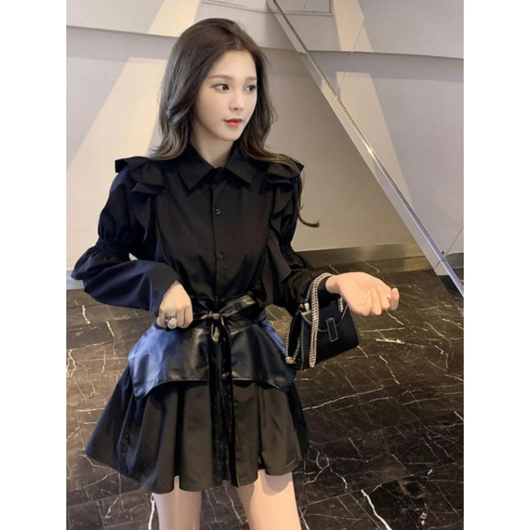 秋季新款洋气减龄炸街连衣裙套装女设计感衬衫收腰裙子气质两件套