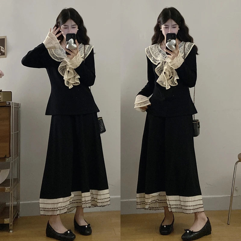 大码胖mm秋季新款独特蕾丝上衣花边+a字半身裙子显瘦两件套装女