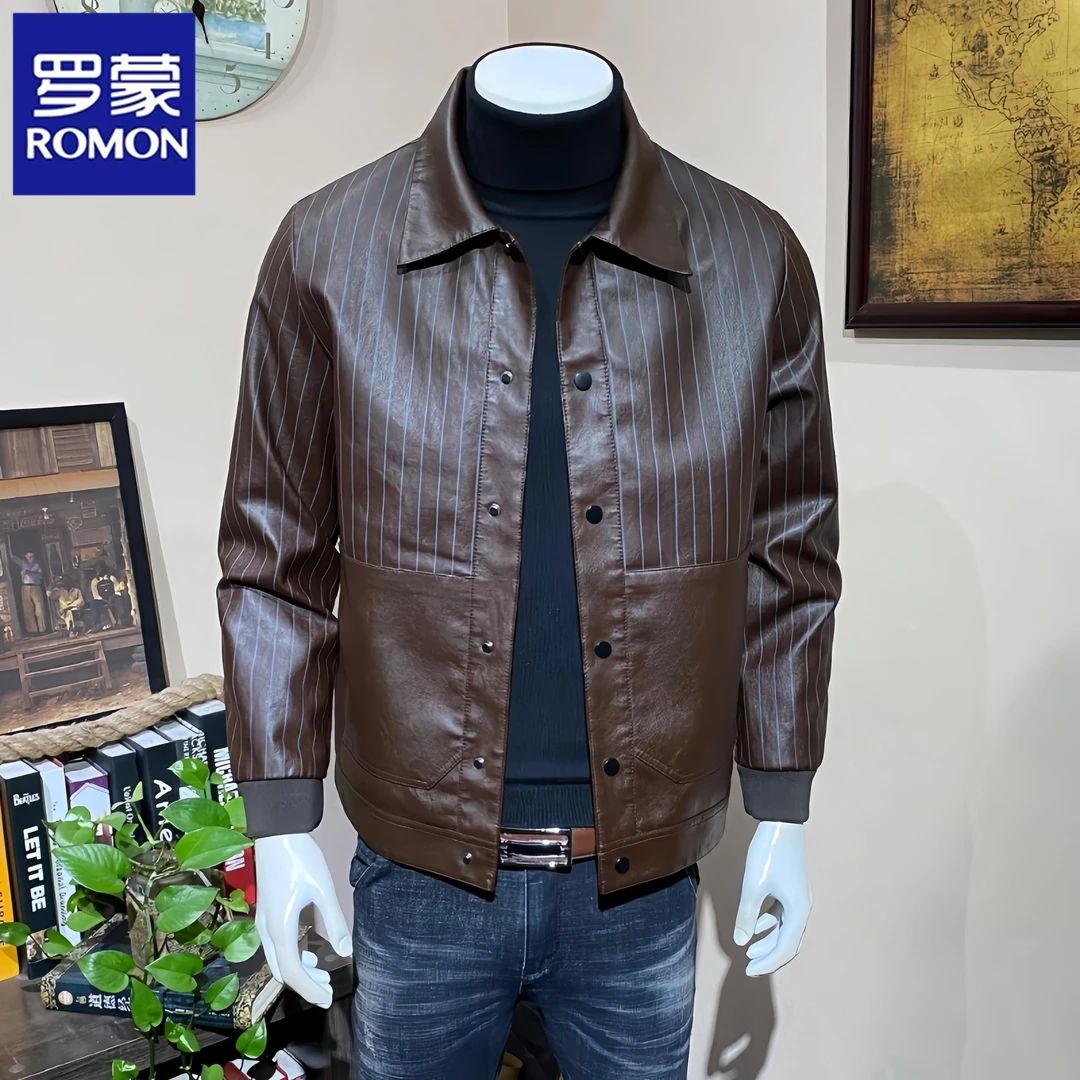 罗蒙青年男士条纹皮衣外套2025秋冬季新款加绒加厚修身皮夹克潮流