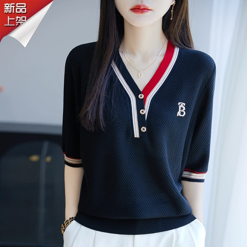 品牌夏季莱赛尔天丝时尚意式风V领针织半袖T恤洋气修身显瘦上衣女