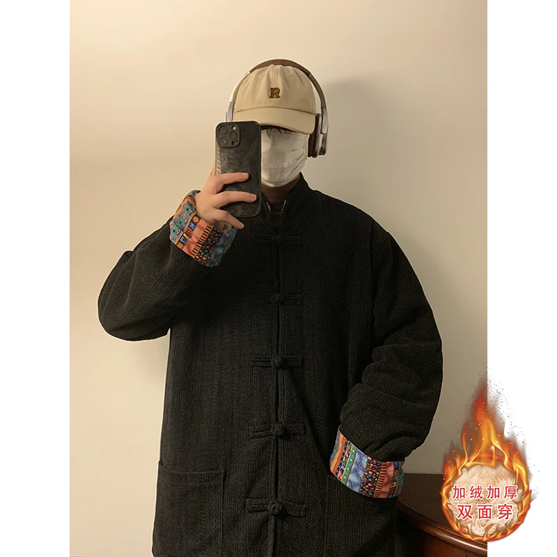 青年潮牌唐装羊羔毛加绒加厚两面穿夹克棉服民族风印花中山装外套