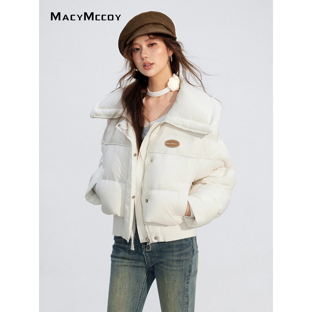 MacyMccoy大翻领针织拼接羽绒服女冬季90白鸭绒加厚保暖短款外套
