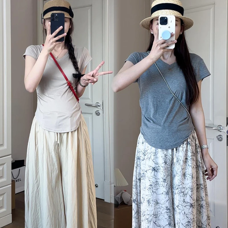 孕妇夏纯欲短袖小众设计感V领显瘦百搭面膜T恤