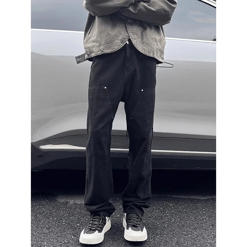 黑色水洗伐木工装牛仔裤男春秋季美式高街vibe裤子窄版直筒休闲裤
