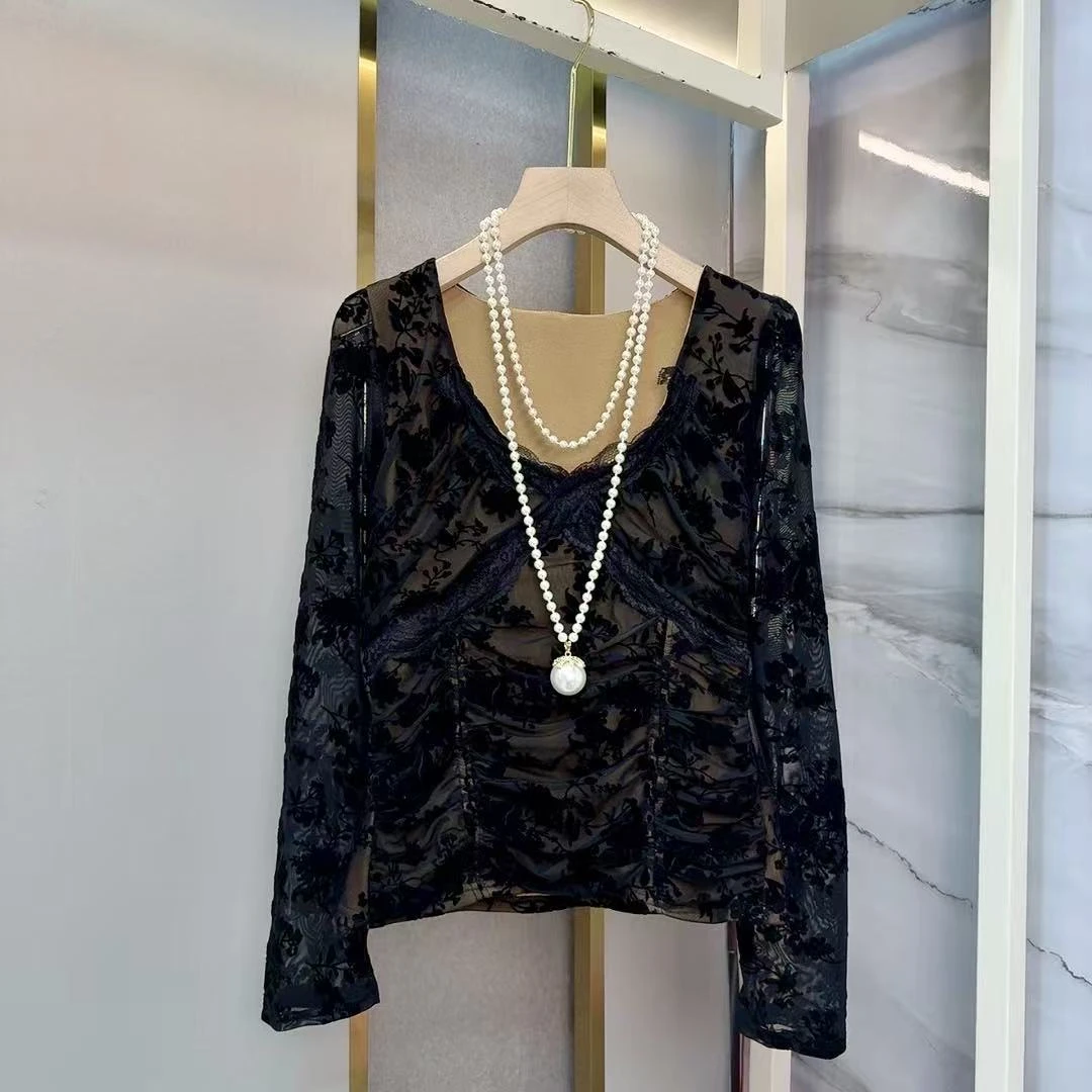 性感辣妹蕾丝上衣2025长袖磨毛秋冬新款修身显瘦T恤洋气打底大码