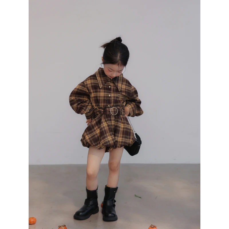 未未家 秋季新款女童复古美式翻领格纹衬衫+花苞裙短裙裤裙套装