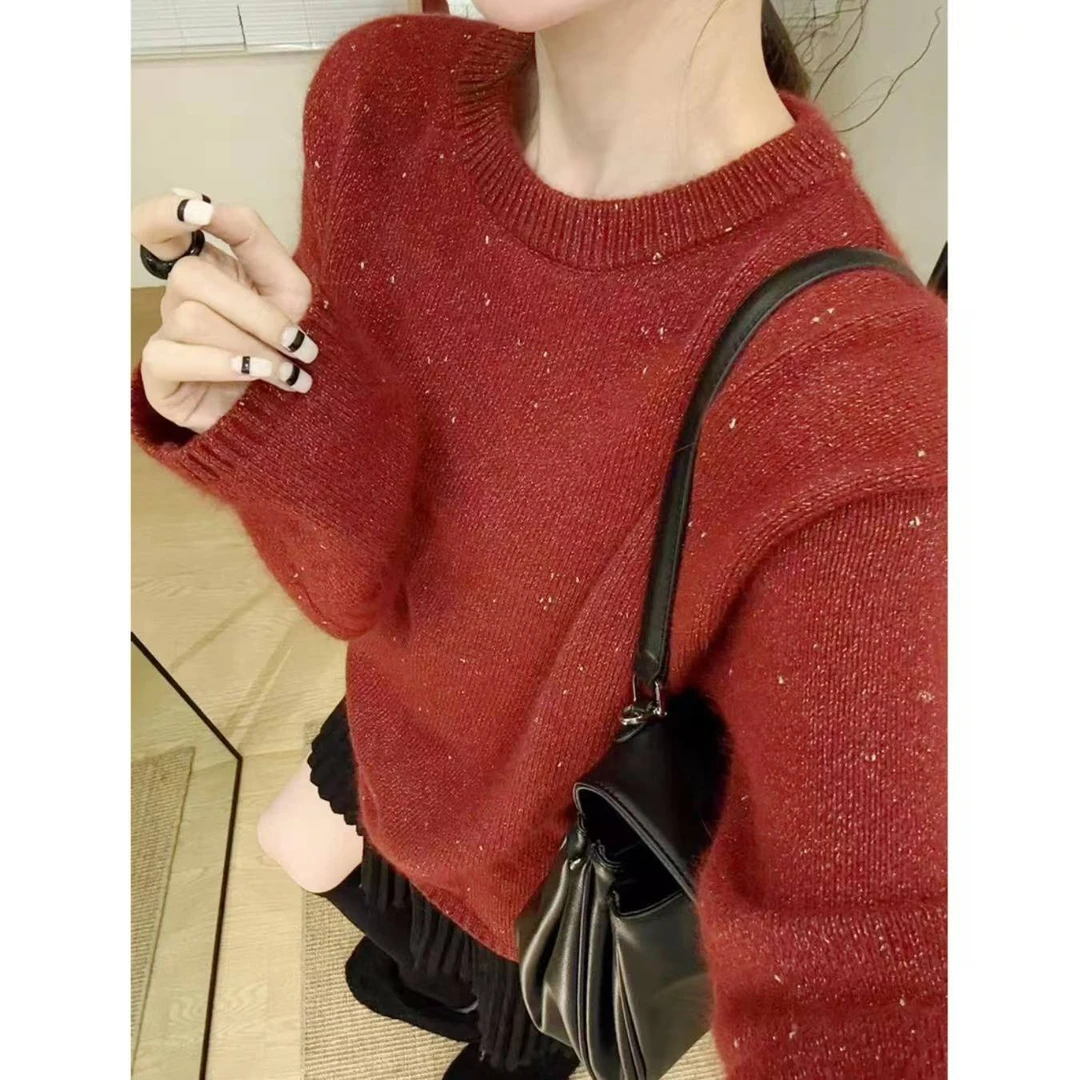 【繁星】亮丝点点圆领秋冬加厚新年百搭慵懒风针织套头毛衣1183