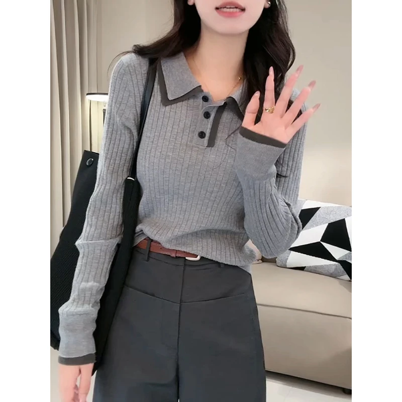 大码POLO领打底针织衫女秋季新款胖妹妹时尚气质百搭宽松显瘦上衣
