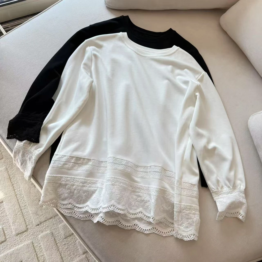 波浪蕾丝边拼接打底衫长袖圆领T恤宽松显瘦纯色春季百搭拼接重工T