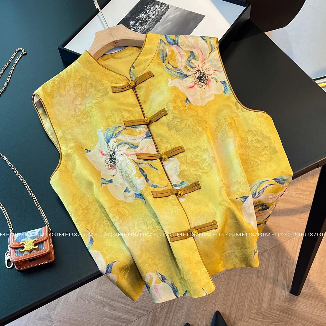 新中式高端气质感提花立领盘扣马甲2025新款初秋外搭叠穿国风背心
