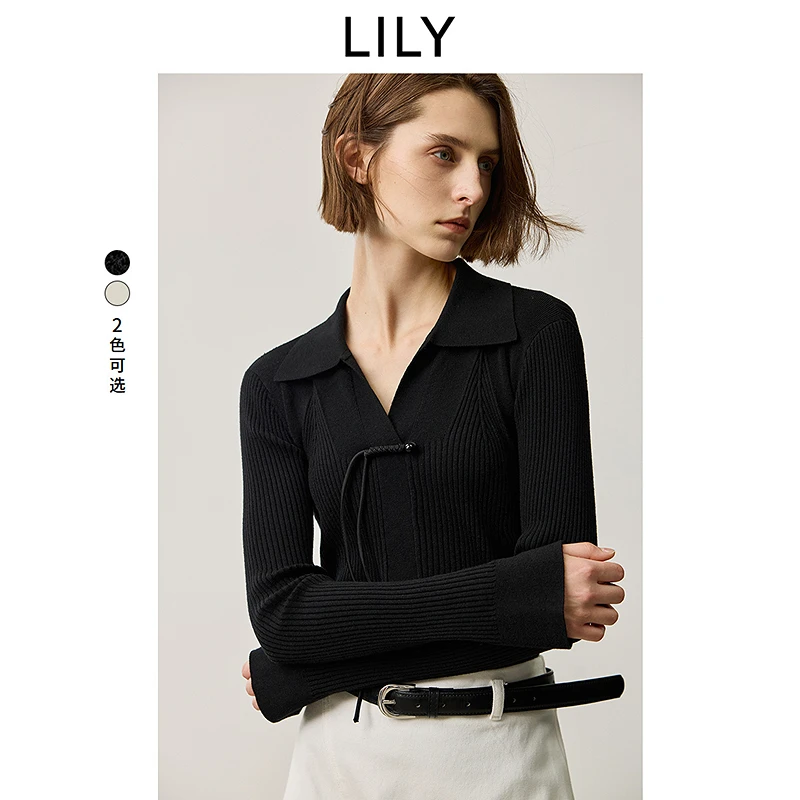 LILY秋新款含绵羊毛新中式V领气质修身女装针织衫124339TK929