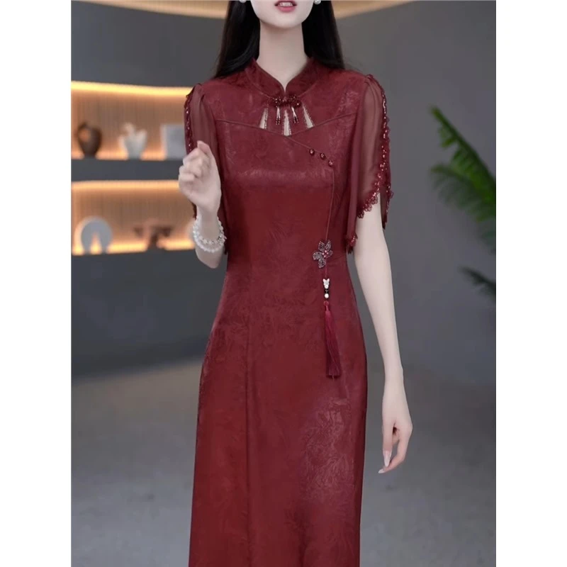 国风立领短袖改良旗袍连衣裙女夏2025新款妈妈高级感婚宴礼服裙子