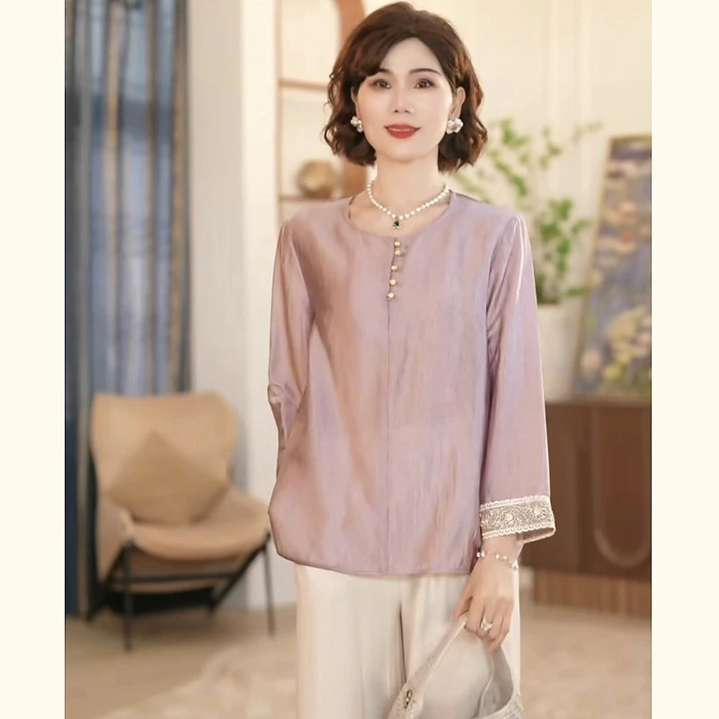 罗蒙高档2025新款妈妈装春夏时尚气质中年女装宽松新中式小衫套装