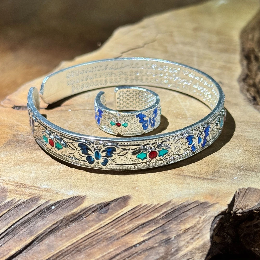 K230珐琅彩蝴蝶银镯银戒 开口(无礼盒)