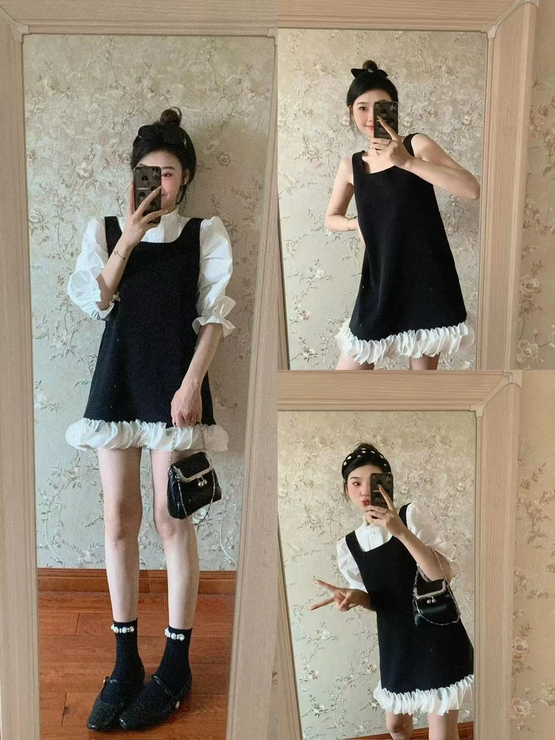 2025春季新款韩系气质花瓣无袖背心连衣裙百搭法式温柔衬衫套装