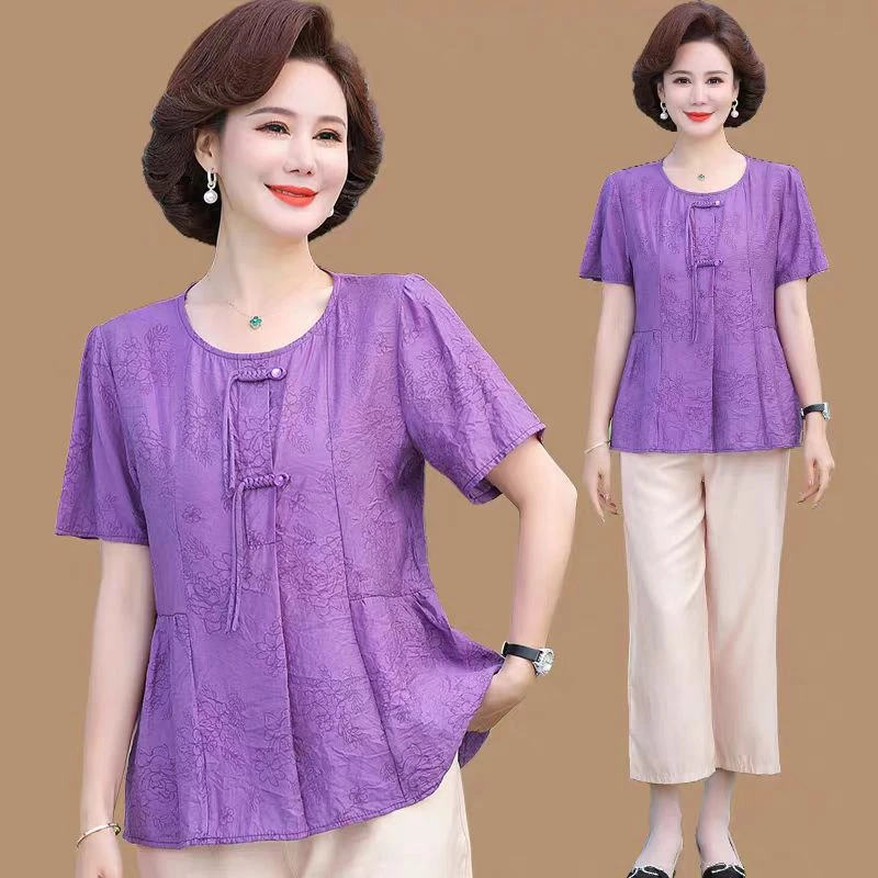9800-紫 套装上新！夏季新款新中式国风短袖气质妈妈装套装（5楼西）