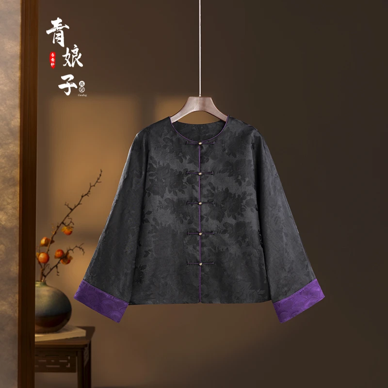 青娘子香云纱（澜月）提花花萝拼接春秋时尚百搭气质短外套60135