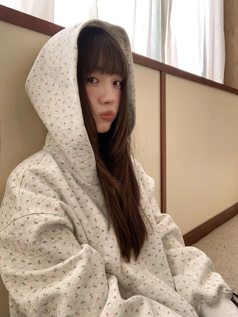 美式复古碎花连帽开衫卫衣女春秋新款宽松慵懒chic设计感小众外套