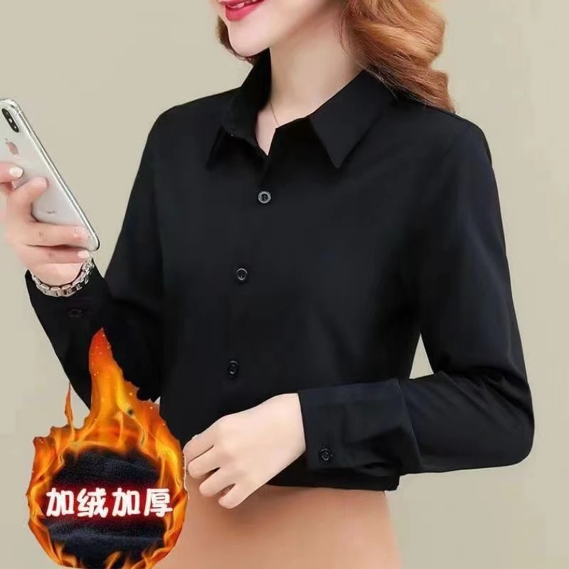 韩版黑色衬衫设计感小众加绒保暖上衣洋气时尚职业正装衬衣工作服