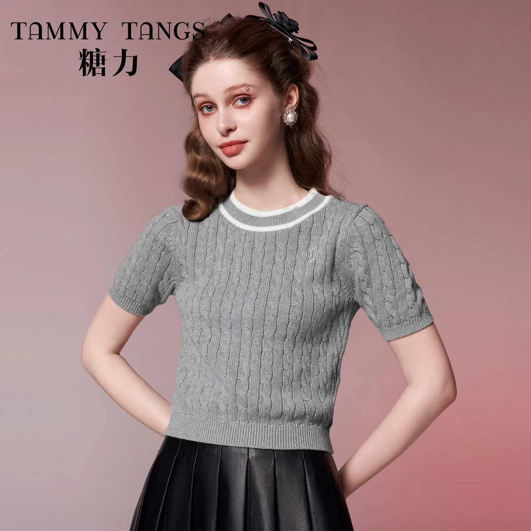 【虎哥品牌女装】糖力 春秋新款短袖撞色麻花针织衫套头打底衫上衣