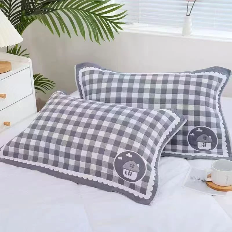 【格子蘑菇灰】52*78cm棉纱布柔软舒适枕巾一对两只