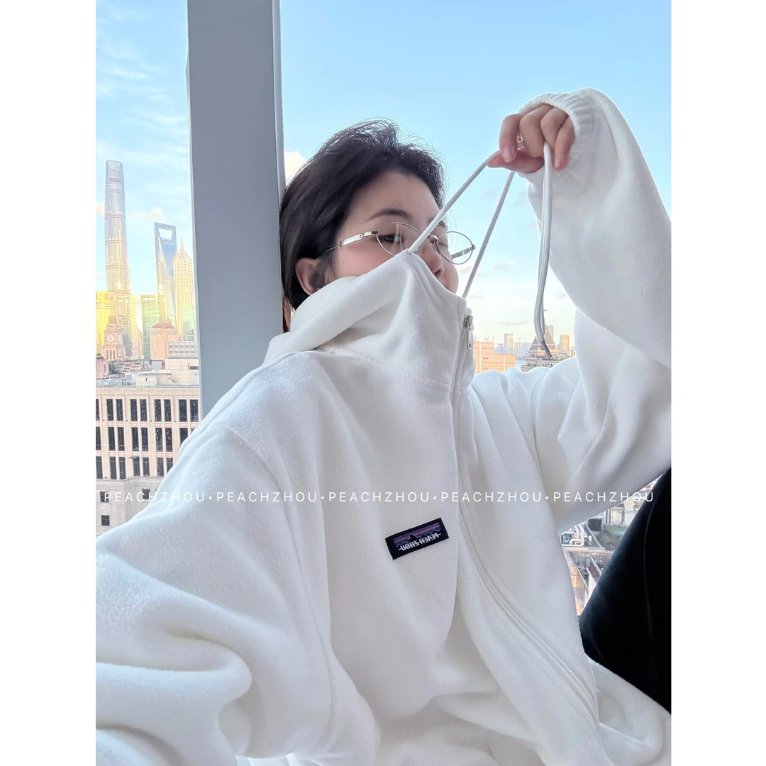 『PEACHZHOU』双摇绒美式巴塔风山峰标宽松连帽外套休闲拉链绒衫女