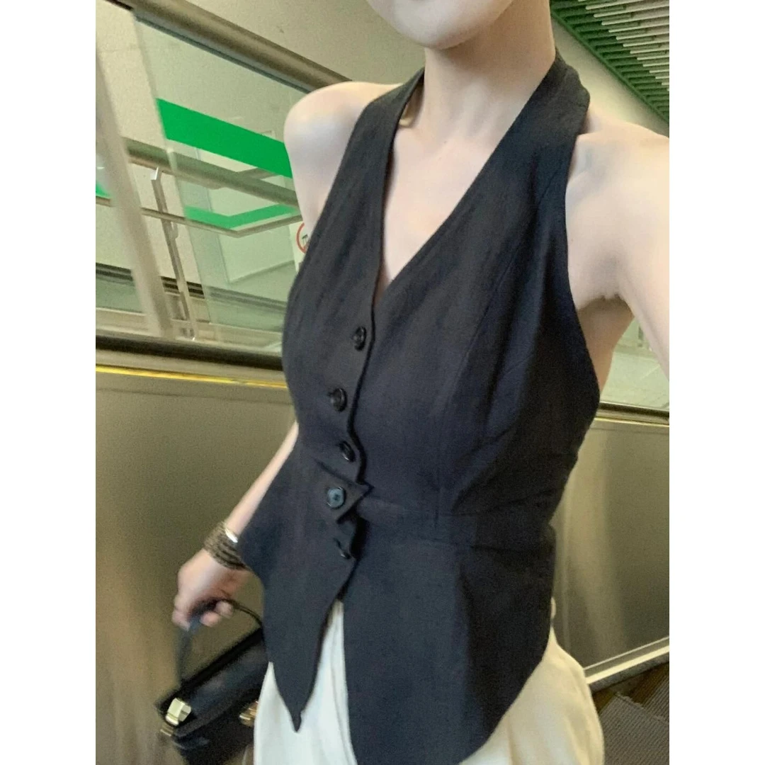 黑色V领辣妹无袖西装吊带背心女夏季高级感短款美背内搭外穿上衣