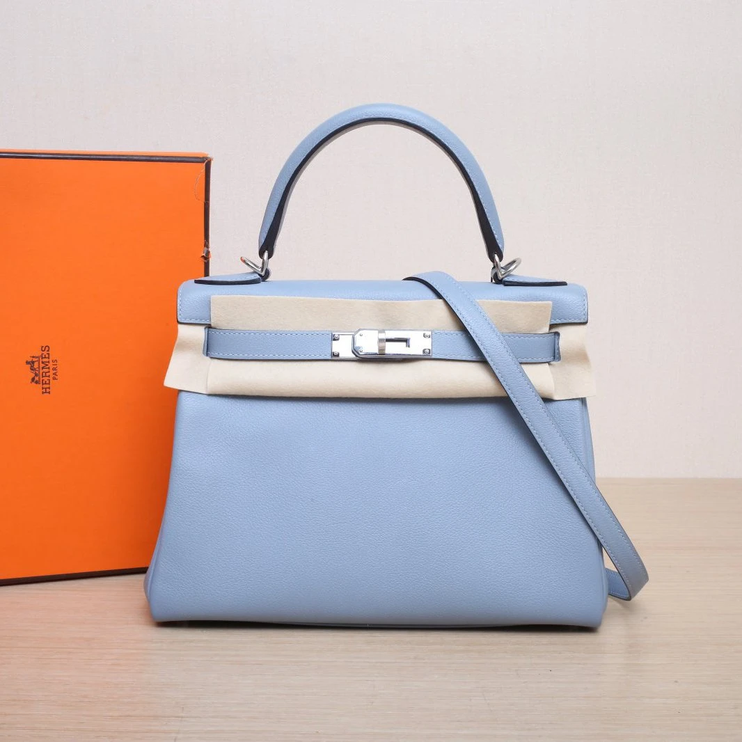99新 Hermes/爱马仕 小花6珊 kelly 28 亚麻蓝 EC皮 U刻 银扣包