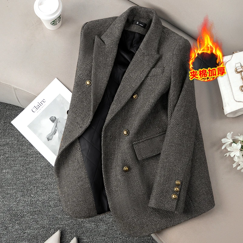 灰色条纹西装外套女秋冬加厚加棉休闲小个子高级感毛呢呢西服上衣