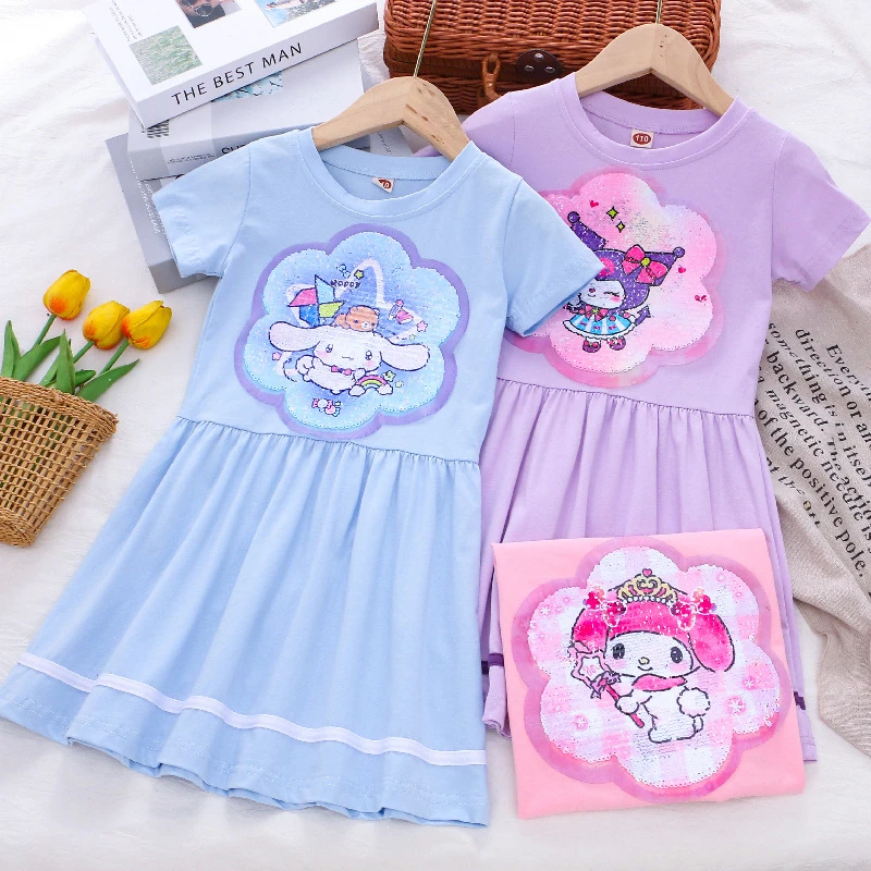 女童夏季卡通连衣裙儿童夏季可爱短袖公主裙小女孩双面亮片公主裙