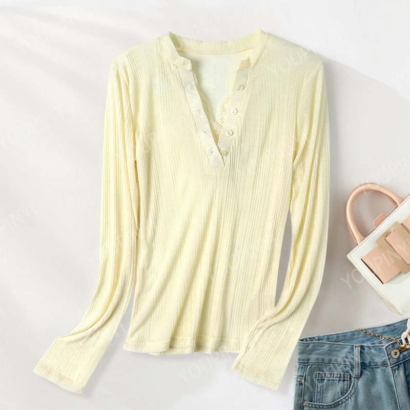 打底衫上衣女2025春秋新款纽扣蕾丝拼接纯色简约修身显瘦百搭上衣