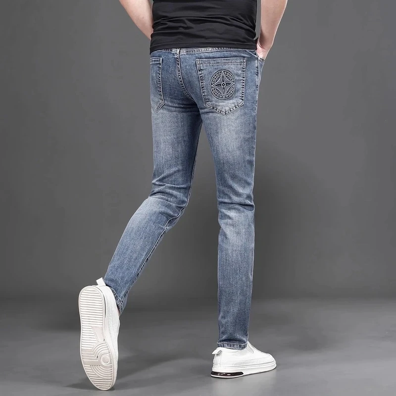 春秋新款印花修身显瘦男士牛仔裤时尚百搭潮流高弹力休闲长裤男