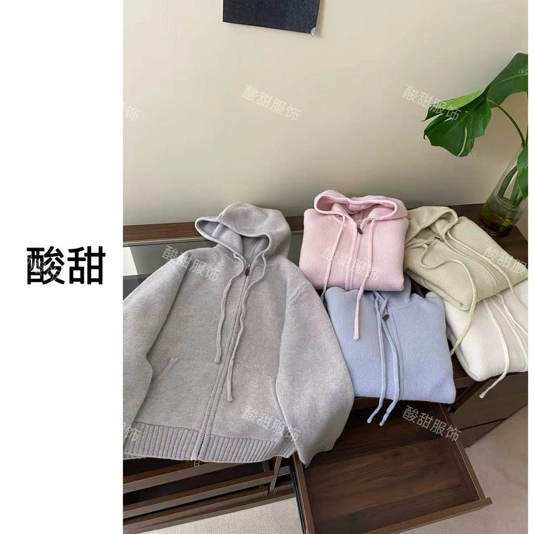 【酸甜黑标】100%绵羊毛细节绝绝子韩系订单品质纯色针织帽衫开衫