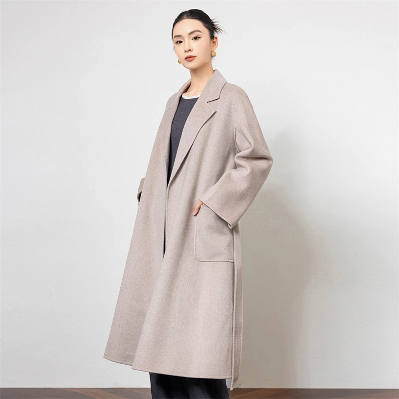 正品 纯山羊绒秋冬季女大衣外套长款浴袍风显瘦宽松版型 柔软保暖