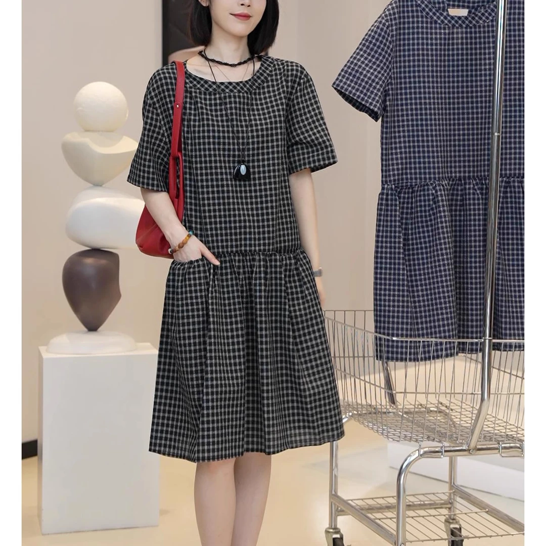 2025夏季新款时尚韩版格子短袖连衣裙女气质宽松显瘦中长款休闲裙