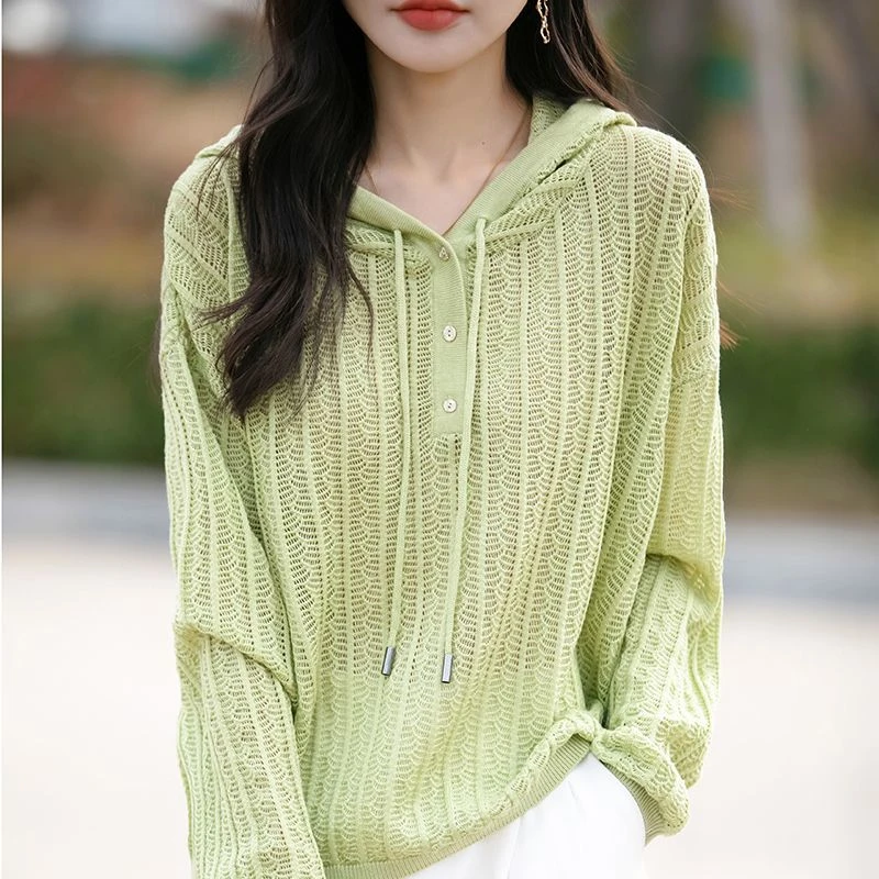 连帽抽绳条纹春秋季长袖镂空女针织衫宽松帽衫欧货女装潮休闲卫衣