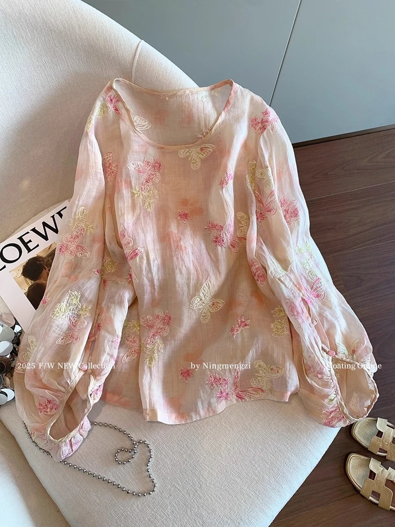 温柔风重工蝴蝶刺绣泡泡袖衬衫女2025夏季新款法式减龄甜美上衣韩