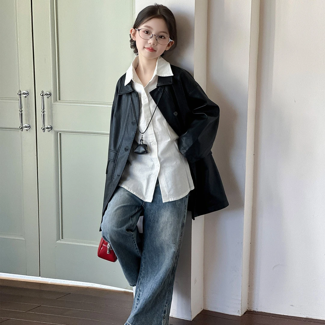 女童中长款风衣外套秋装2025新款女大童超好看黑色翻领皮衣潮酷潮