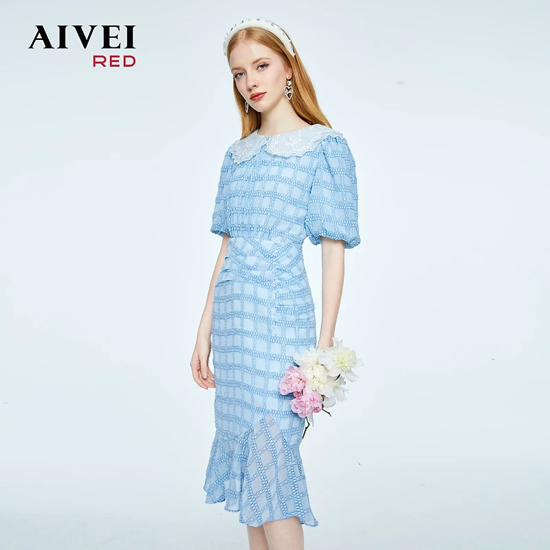 AIVEI欣贺艾薇夏显瘦鱼尾娃娃领连衣裙P0360176