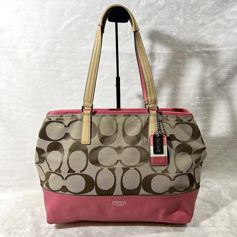 95新 COACH/蔻驰 老花拼粉色托特包G24019879底长33*26